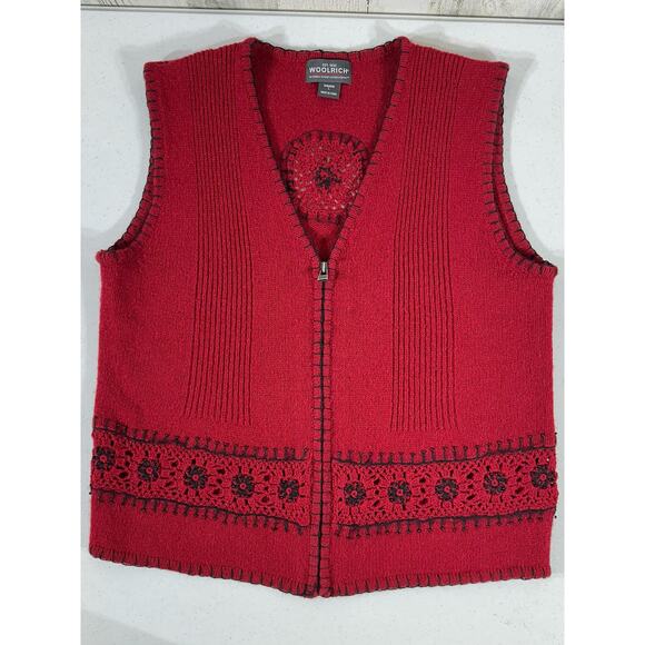 Woolrich Womens Ruby Red Sweater Vest Size Large  Wool Crochet Beaded READ - Picture 1 of 10